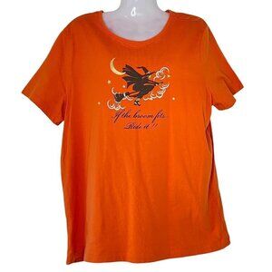 Halloween Tee " If the Broom Fits, Ride It! "   Orange with Black Witch Graphic
